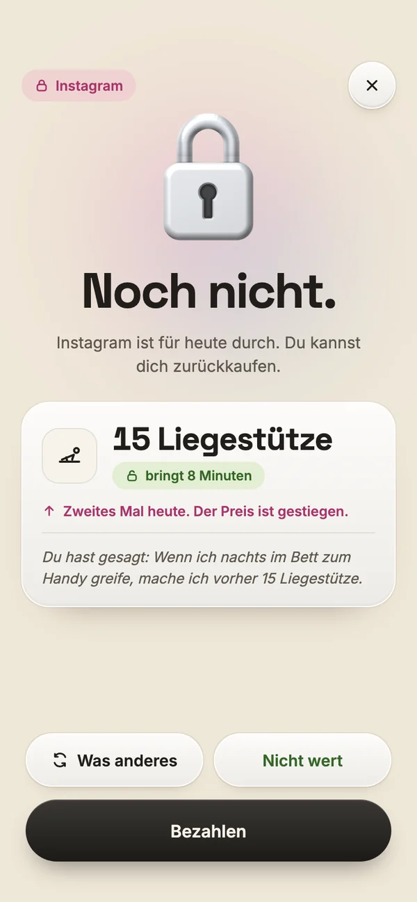 Gesperrte App mit Preis: 15 Liegestütze
